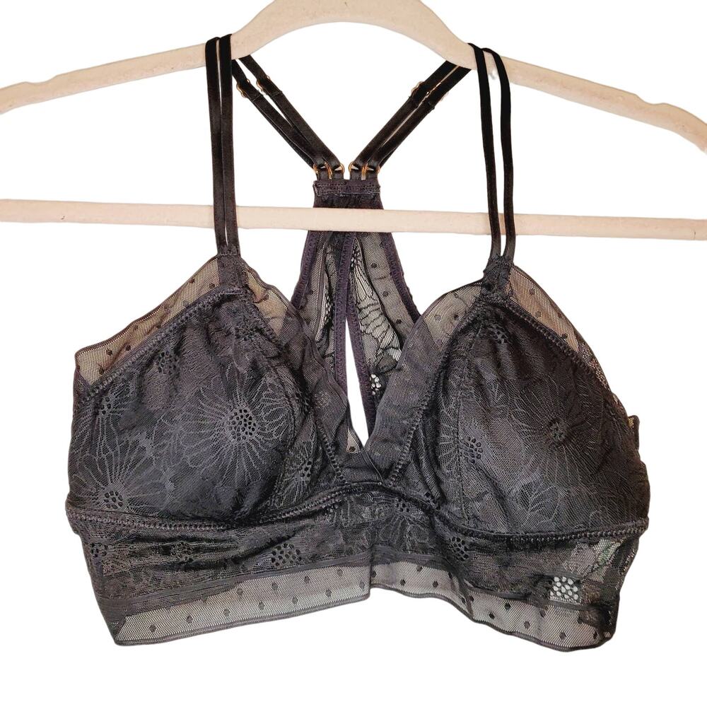 Aerie black floral ruffled sheer lace racer back bralette Size Small Coquette